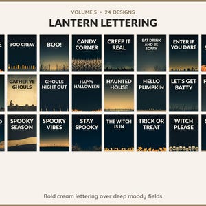 Volume 5 Lantern Lettering: 24 printable Halloween art designs, bold cream lettering over deep moody fields