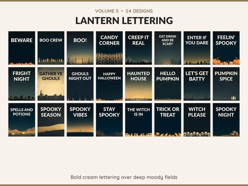 Volume 5 Lantern Lettering: 24 printable Halloween art designs, bold cream lettering over deep moody fields