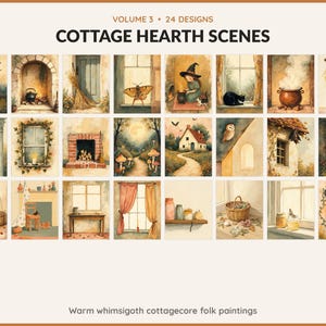 Volume 3 Cottage Hearth Scenes: 24 printable Halloween art designs, warm whimsigoth cottagecore folk paintings