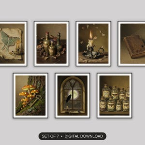 Set of 7 vintage halloween printable prints shown as a gallery wall