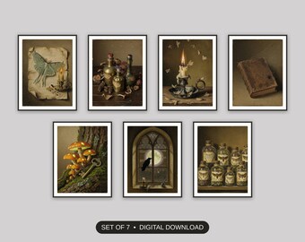 Vintage Halloween, 7-teiliges Kunstdruck-Set, antike Ölgemälde mit Motten und Kerzen, Bilderwand für den Eingangsbereich, stimmungsvolle Kaminsimsdekoration, digitaler Download
