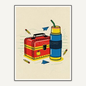 Vintage lunchbox and silver thermos print