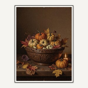 Vintage oil painting of wooden bowl with tiny pumpkins