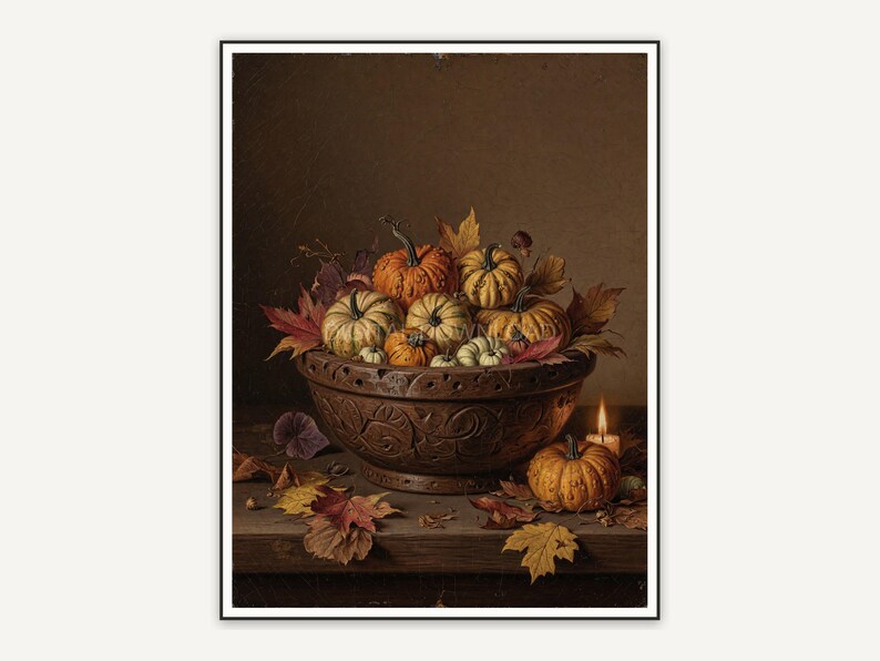 Vintage oil painting of wooden bowl with tiny pumpkins