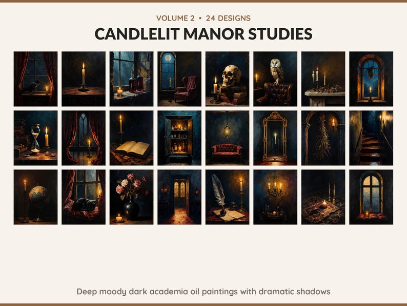 Volume 2 Candlelit Manor Studies: 24 printable Halloween art designs, deep moody dark academia oil paintings with dramatic shadows