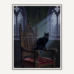 Vintage oil painting of black cat on gothic chair