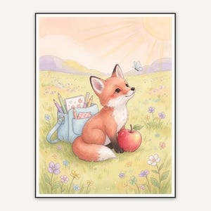 Watercolor fox cub holding an apple in gentle light