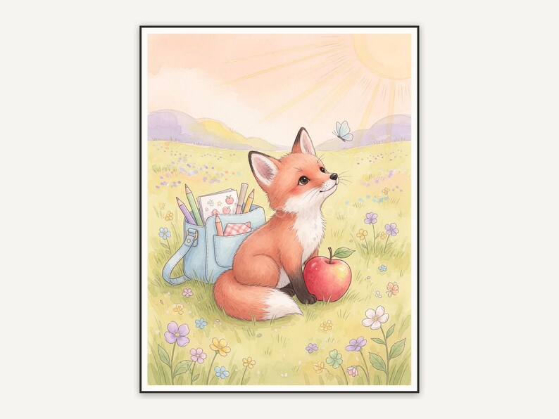 Watercolor fox cub holding an apple in gentle light