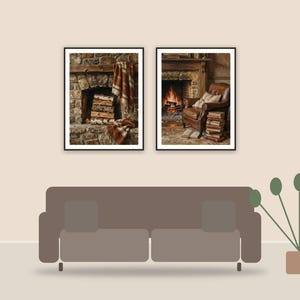 cozy vintage fall printable art framed above a sofa in a styled living room