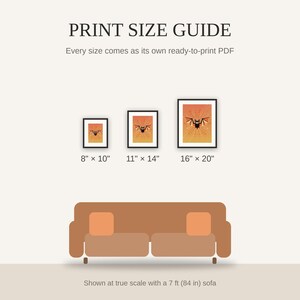 Print size guide showing 8x10, 11x14, and 16x20 framed prints at true scale beside a sofa