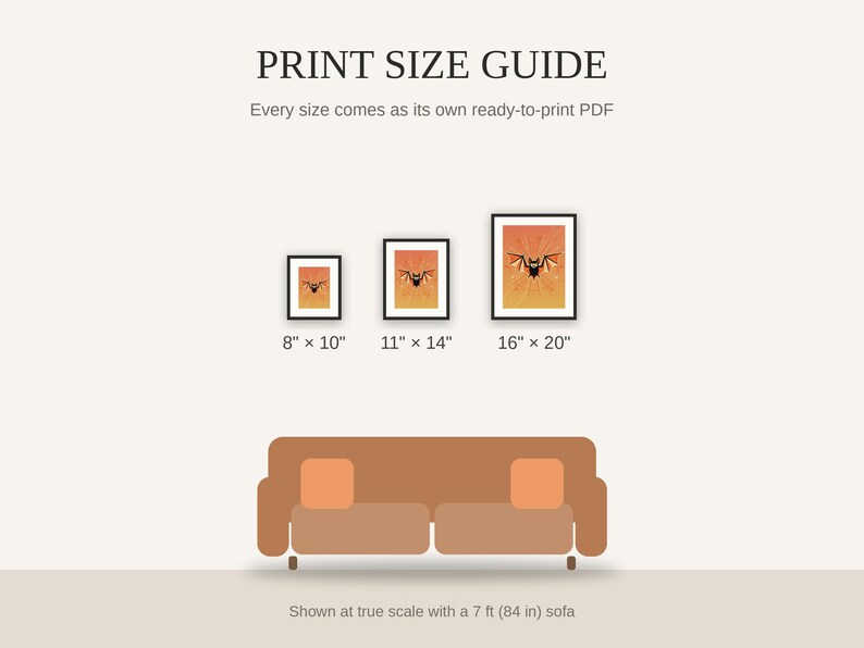 Print size guide showing 8x10, 11x14, and 16x20 framed prints at true scale beside a sofa