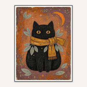 Primitive folk art black cat with mustard scarf