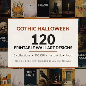 Halloween printable wall art mega bundle with 120 art prints in 5 collections: Shadowed Oil Portraits, Candlelit Manor Studies, Rustic Whimsy Folk, Soft Specter Companions, Midnight Lettering Posters