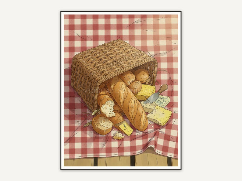 vintage basket with bread print