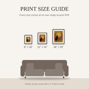 Print size guide showing 8x10, 11x14, and 16x20 framed prints at true scale beside a sofa