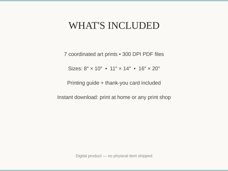 What's included: 7 art prints as 300 DPI PDFs in three sizes plus printing guide and thank-you card
