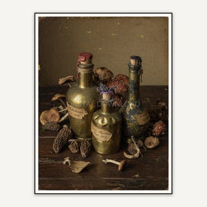 Vintage oil painting of brass potion bottles and mushrooms