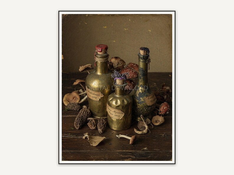 Vintage oil painting of brass potion bottles and mushrooms