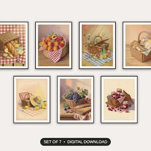 Set of 7 vintage picnic still lifes printable prints shown as a gallery wall