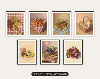 Picnic Basket Still Life Set of 7 | Vintage Summer Tabletop Prints | Labor Day Kitchen Decor Digital Download