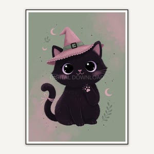 Round eyed black cat wearing witch hat
