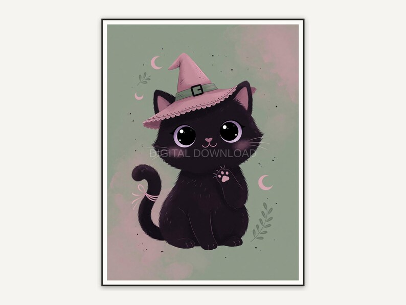 Round eyed black cat wearing witch hat