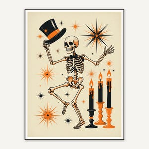 Dancing skeleton with top hat and candles, orange black cream palette