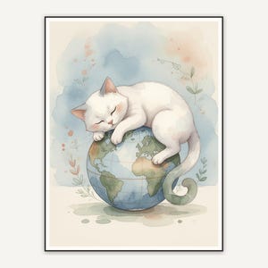 White cat resting on small globe
