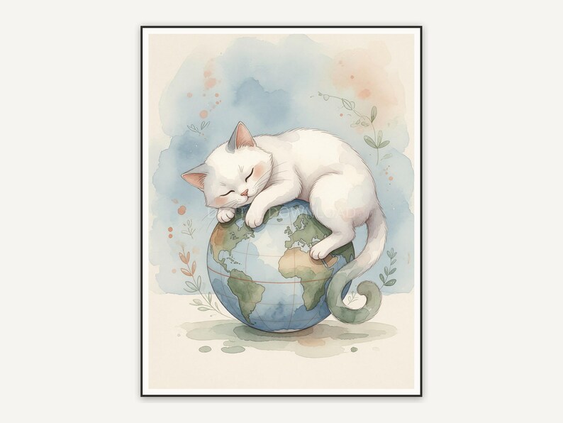White cat resting on small globe