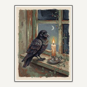 Raven on windowsill beside glowing candle