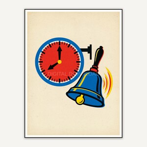 Schoolhouse clock and brass bell artwork