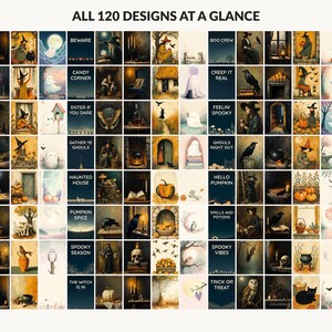 All 120 Halloween printable designs in the bundle shown together on one contact sheet