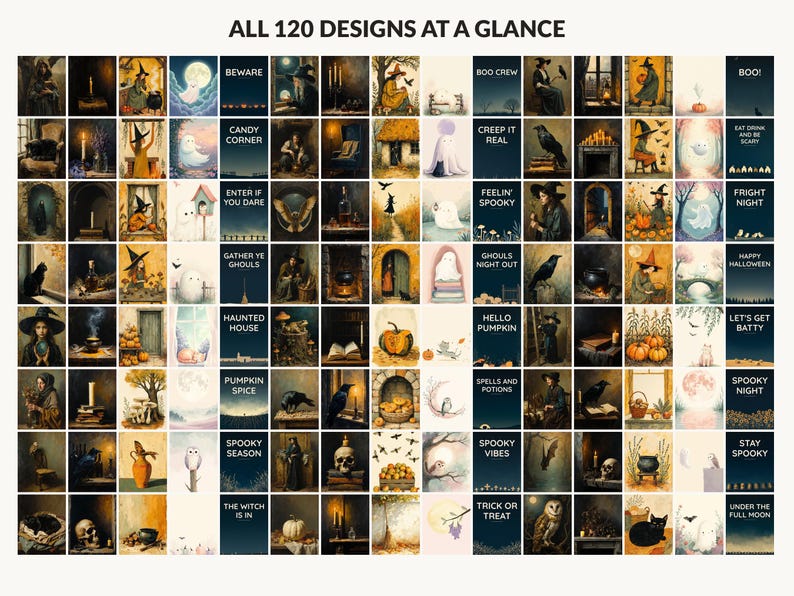 All 120 Halloween printable designs in the bundle shown together on one contact sheet