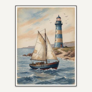 Faded sailboat near lighthouse for porch wall