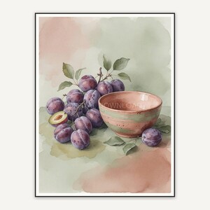 clustered plums in ceramic bowl harvest print