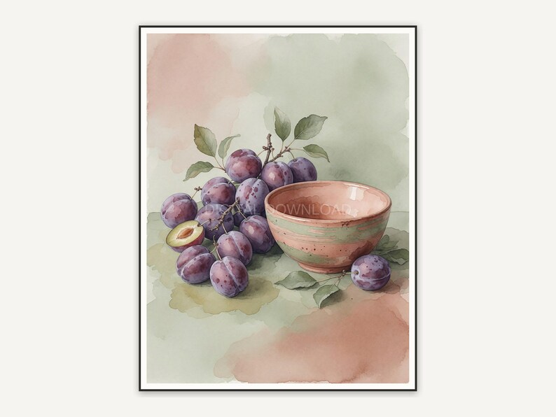 clustered plums in ceramic bowl harvest print