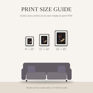 Print size guide showing 8x10, 11x14, and 16x20 framed prints at true scale beside a sofa