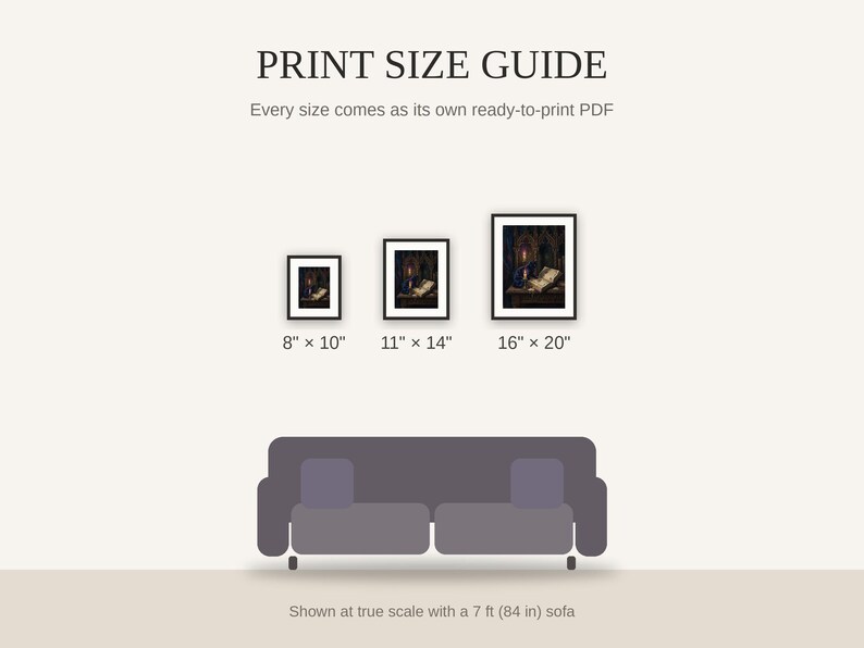 Print size guide showing 8x10, 11x14, and 16x20 framed prints at true scale beside a sofa