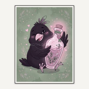 Raven holding potion bottle