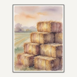 Soft watercolor hay bale stack print in autumn tones