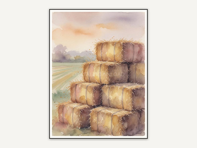 Soft watercolor hay bale stack print in autumn tones