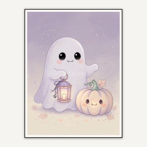 Ghost holding lantern next to small pumpkin