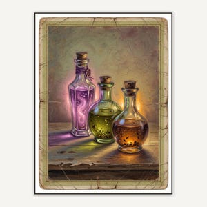 Vintage oil painting postcard of glowing potion bottles