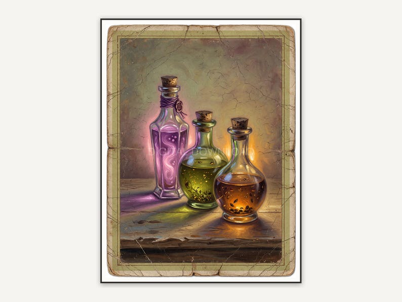 Vintage oil painting postcard of glowing potion bottles