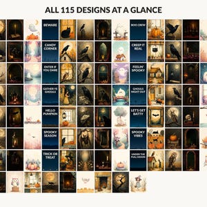 All 115 Halloween printable designs in the bundle shown together on one contact sheet