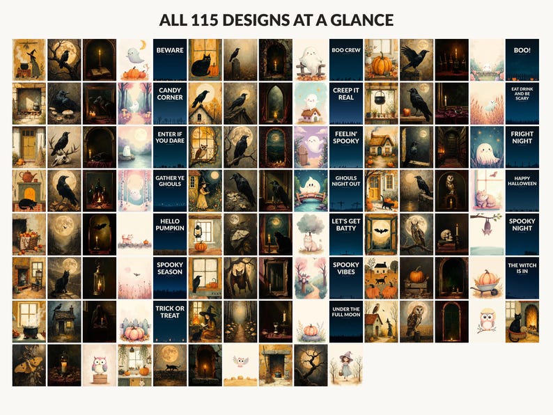 All 115 Halloween printable designs in the bundle shown together on one contact sheet