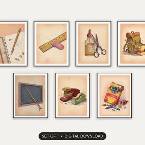 Set of 7 vintage classroom objects printable prints shown as a gallery wall