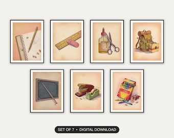 Retro School Supply Prints Set of 7 | Vintage Classroom Object Illustrations | Teacher Back to School Digital Download