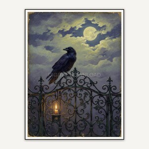 Vintage oil painting of raven on iron gate at night