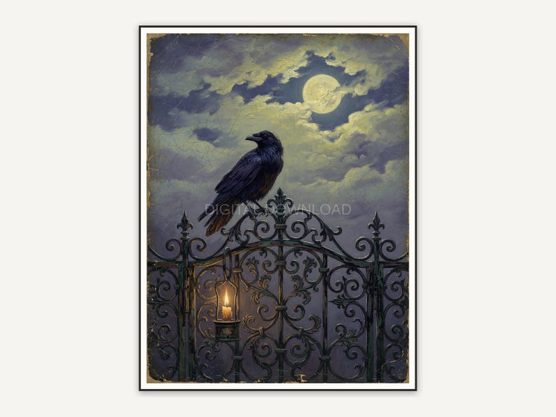 Vintage oil painting of raven on iron gate at night